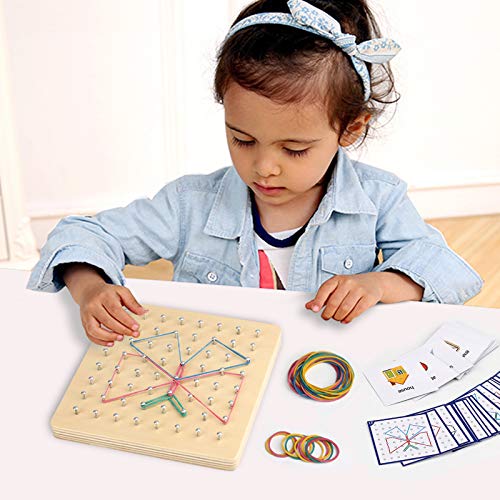 Thoth Montessori Wooden Geoboard Mathematical Manipulative Material Array Block Geo board with 36Pcs Pattern Cards and Rubber Bands Matrix 8x8 for Kids Graphical Educational Toys Early Development Toy