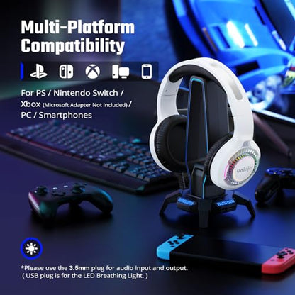 White Gaming Headset for PS5, PS4, PC, Xbox Headset with Noise-Canceling, 7.1 Surround Sound, RGB Light, Memory Foam Ear Pads, Wired Over-Ear Headphones for Xbox Series X/S, Switch