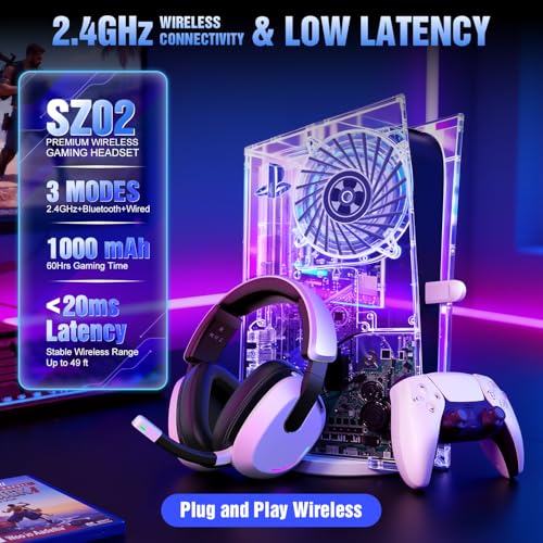 BENGOO 60H Wireless Gaming Headset with RGB Lights for PS5 PS4 PC | 7.1 Surround Sound, Noise Cancelling Mic, Bluetooth 5.4, Memory Foam Ear Cushions, Compatible with Switch Mac - color: White