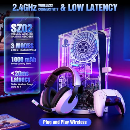 BENGOO 60H Wireless Gaming Headset with RGB Lights for PS5 PS4 PC | 7.1 Surround Sound, Noise Cancelling Mic, Bluetooth 5.4, Memory Foam Ear Cushions, Compatible with Switch Mac - color: White