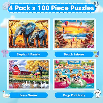 Puzzles for Kids Ages 6-8 8-10 Year Old - Elephants, Farm, Beach, Dogs, Large Piece Puzzles for Seniors Adults 100 Pieces Jigsaw Puzzle for Kids Ages 4-6, Learning Educational Toys - style: Animals Beach