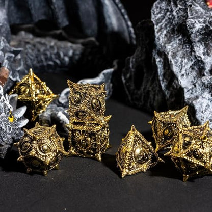 Metal Dice Set D&D Dragon Eye Metal DND Dice Set for Tabletop Games | Leather Storage Bag, DM Gift, for Dungeons and Dragons Role Playing Games - color: Dragon-black Gold