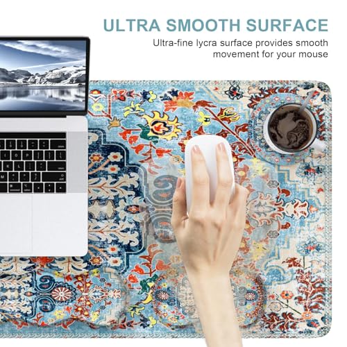 iLeadon Mouse Pad Set, 4in1 Large Gaming Desk Mat with Wrist Rest | Desk Mat with Wrist Rest, Keyboard Wrist Rest and Coaster, Mouse Pad Set for Home Office ,Retro Boho Floral Blue - color: Retro Boho Floral Blue