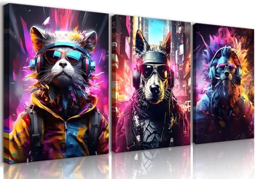 Cyberpunk Animal Gamer Framed Wall Art Set of 3, 16x24 inch | Gaming Room Wall Decor, Neon Cyberpunk Animal Prints, Teen Boy Bedroom Playroom - color: Animal Gamer, size: 16"x24" Canvas