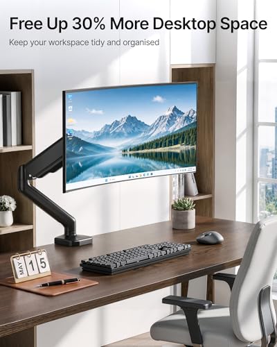 monTEK Single Monitor Arm for 17-32" Flat/Curved Screen up to 19.8 lbs | Mechanical Spring Monitor Arm, Full Motion, Height Adjustable, Alloy Steel, Easy Assembly, Clamp/Grommet, VESA 75/100mm - size: Single Arm
