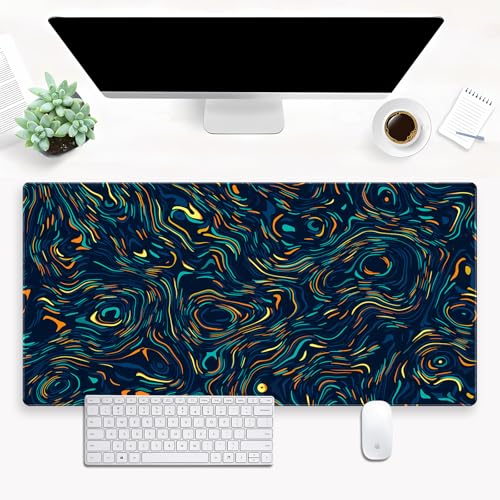 Abstract Swirl Desk Mat, XXL Large Gaming Mouse Pad | Vibrant fluid line art desk pad with smooth cloth surface and non-slip rubber base. Perfect for gaming and office. - color: Colorful Abstract Art