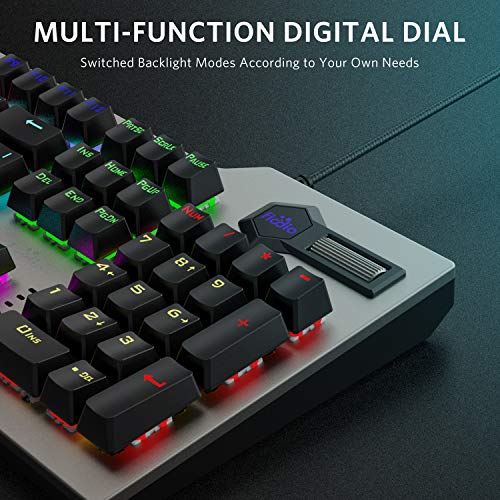 Mechanical Gaming Keyboard, Wired RGB Rainbow Backlit with Blue Switches, Ergonomic Standard Keyboard for PC Gaming