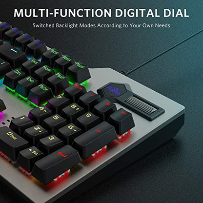 Mechanical Gaming Keyboard, Wired RGB Rainbow Backlit with Blue Switches, Ergonomic Standard Keyboard for PC Gaming