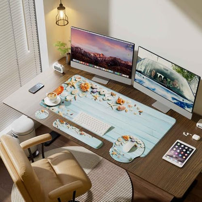 Desk Mat Set Keyboard and Mouse Pad with Wrist Rest Support | Ergonomic,Pain Relief, 4-in-1 Large Big Mousepad Computer Mats,Desk Pad Matt Mats for Desktop Home & Office - color: I-Blue Seashell