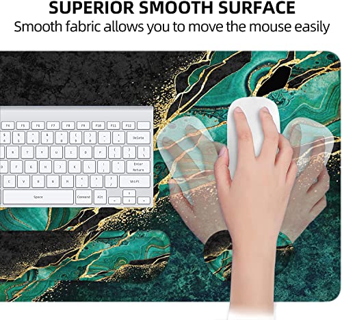 Large Mouse Pad with Wrist Rest, 4-in-1 Wrist Rest for Keyboard and Mouse | Non-Slip Waterproof Desk Mat Set, 35.4"x15.7" Desk Mat+Keyboard Wrist Rest+Mouse Wrist Support+Cup Coaster for Home Office - color: 4Pcs-Gold Green Marble