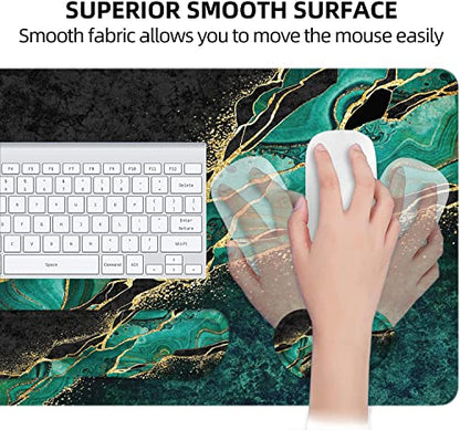 Large Mouse Pad with Wrist Rest, 4-in-1 Wrist Rest for Keyboard and Mouse | Non-Slip Waterproof Desk Mat Set, 35.4"x15.7" Desk Mat+Keyboard Wrist Rest+Mouse Wrist Support+Cup Coaster for Home Office - color: 4Pcs-Gold Green Marble