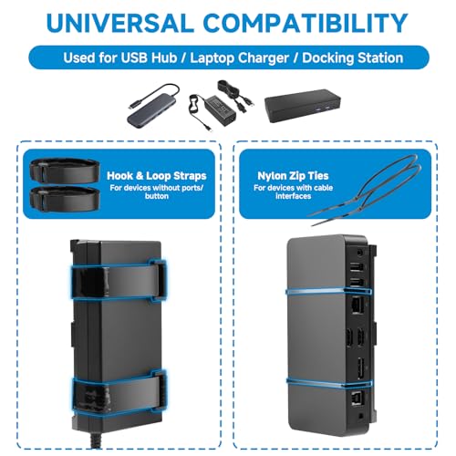 Universal Metal Laptop Charger Holder, Under Desk & Vesa Mount | Adjustable Power Brick Bracket, Under Desk Mount Organizer for Docking Stations & USB-C Hubs, Secure Supply Holder, Black