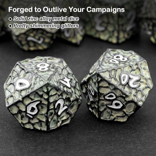 Haxtec Black Green Metal DND Dice Set Polyhedral D&D Dice with Leather Dice Bag Compatible with Dungeons and Dragons Gifts TTRPG Metal Dice Gamer Gift for DND Players Masters - color: Black Green White