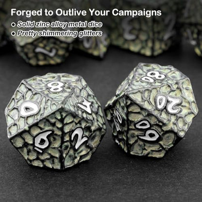 Haxtec Metal DND Dice Set, 7 Pcs Meteorite Texture Polyhedral Dice for RPG | White Number D&D with Leather Bag, Compatible with Dungeons and Dragons, Green Heavy Metallic, Gifts for DND Players Masters - color: Black Green White