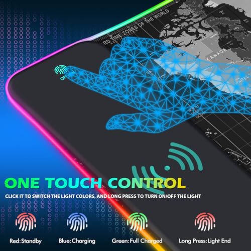 ToLuLu RGB Gaming Wireless Charging Mouse Pad, 5/7.5/10/15W LED Mouse Pad | 10 Light Modes Computer Keyboard Mat Mousepad, 800x300x4MM Extended Large Desk Mat for Gaming, MacBook, Laptop, PC, World Map - color: World Map