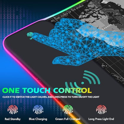 ToLuLu RGB Gaming Wireless Charging Mouse Pad, 5/7.5/10/15W LED Mouse Pad | 10 Light Modes Computer Keyboard Mat Mousepad, 800x300x4MM Extended Large Desk Mat for Gaming, MacBook, Laptop, PC, World Map - color: World Map