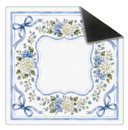 Coquette Blue Bow Hydrangea Mahjong Mat 31.5x31.5 Inch | Grandmillennial Blue and White Hydrangea Non-Slip Noise Reduction Mah Jong Table Mat Cover Gifts for Mahjong Lovers Dominoes - color: Brogan Bougainvillea