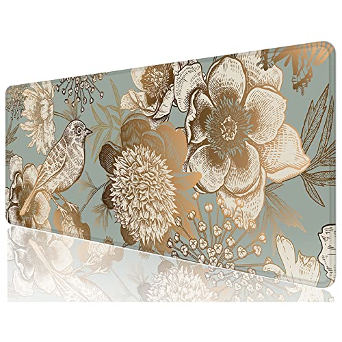 Desk Mat, 32" x 12" XXL Extended Large Gaming Mouse Pad, Desktop Decor Desk Pad, Cute Men Women Office Supplies and Accessories, XL Mouse Mat for Laptop & Keyboard, Retro Flower and Bird - color: Retro Flower and Bird, size: 32L x 12W inches