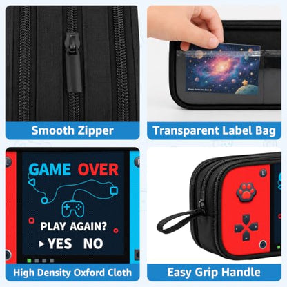 Game Controller Pencil Case for Boys Kids Teens, Large Capacity Pencil Pouch with 3 Compartments, 7 Pockets and Label Pocket for School College Office Travel (Red & Blue) - color: Red&Blue