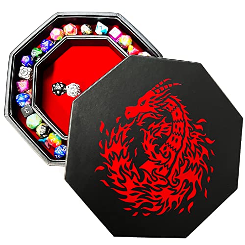 Fantasydice Red Fire Dragon Dice Tray with Lid – 9" Octagon with Dice Staging Area, Holds 5 Dice Sets – Ideal for Tabletop RPGs - color: Red Dragon Octagon