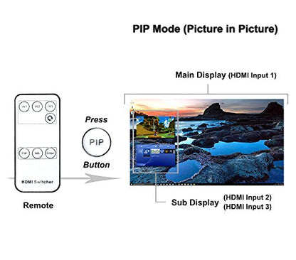 4K x 2K 3 Port 3 x 1 HDMI Switch with PIP(Picture in Picture) and IR Wireless Remote Control, HDMI Splitter Switcher Hub Port Switches (ZW310)