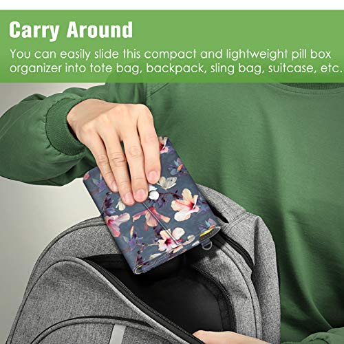 FINPAC Weekly Pill Organizers 4 Times A Day, Slide Open PU Leather Case Travel Pill Vitamin Medicine Reminder and Planner with Name Card for Morning| Afternoon| Evening| Bedtime (Blooming Hibiscus) - color: Blooming Hibiscus