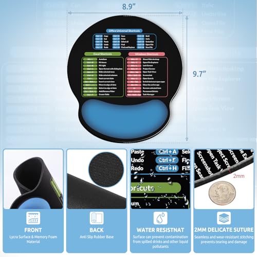 KONVINIT Ergonomic Mouse Pad with Wrist Rest, Small Excel Cheat Sheet Desk Pad with Windows & Office & Excel Shortcuts, Non-Slip Rubber Base Mouse Pads for Desk with Smooth Surface, Black Blue - color: Shortcut-Blue
