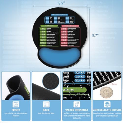 KONVINIT Ergonomic Mouse Pad with Wrist Rest, Small Excel Cheat Sheet Desk Pad with Windows & Office & Excel Shortcuts, Non-Slip Rubber Base Mouse Pads for Desk with Smooth Surface, Black Blue - color: Shortcut-Blue