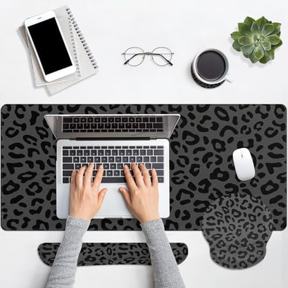 Britimes Grey Leopard Cheetah Keyboard Mouse Pad Set Black Animal 4in1 Large Mousepad+Keyboard Wrist Rest+Mouse Wrist Rest+Coaster Ergonomic Design for Home Office Computer 35.4x15.7 inches - color: Black Grey Leopard