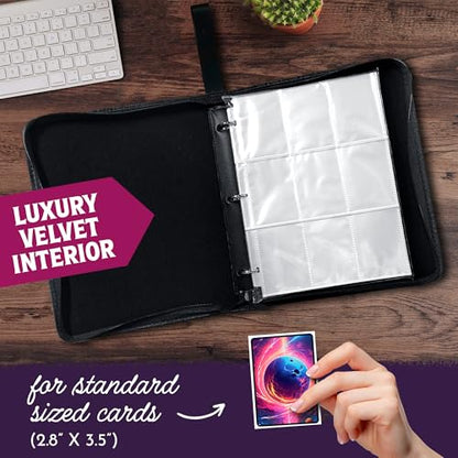 Premium Sports Card Trading Binder, Galaxy Design with Planets, Mountains & Fire, PU Leather, 900 Card Capacity, 50 Double Sided 9 Pocket Sleeves, 3 Ring Metal Binder, Zipper & Handle