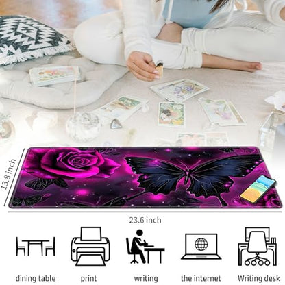 Purple Rose and Butterfly for MTG & TCG Playmat Mouse Pad,BFDHGQZC 24" x 14" Game Mat for MTG/RPG/CCG Trading Card Game Playmats Table Mat Perfect for Card Games Video Games Computer Office - color: Purple Rose and Butterfly