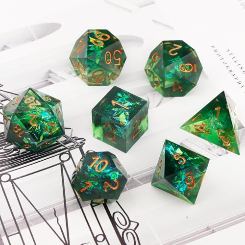 Haxtec Sharp Edge DND Dice Set, Holographic Resin Polyhedral RPG Dice | Green D&D Dice for Role Playing Games, Compatible with Dungeons and Dragons, Handmade 7-Die with Metal Case, TTRPG Gifts - color: Green Gold