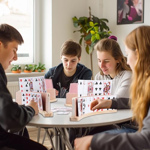 GOTHINK Set of 4 Curved Wooden Playing Card Holder for Kids Adults Cards Holders for Playing Cards 14x1.6x4 In Anti-Slip Card Tray for Bridge Canasta Strategy Card Game - Collection Card Display Stand - style: Upgrade Two Slot