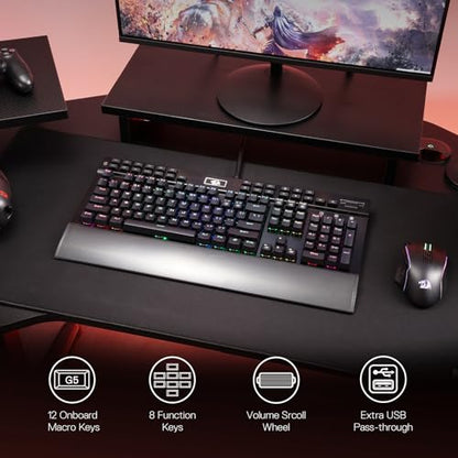 Redragon K550 RGB Gaming Keyboard, 104 Keys + 12 Macro G Keys Wired Mechanical Keyboard w/Aluminum Top Plate, Custom Clicky Purple Switch, Extra USB Port & Wrist Rest - color: Black
