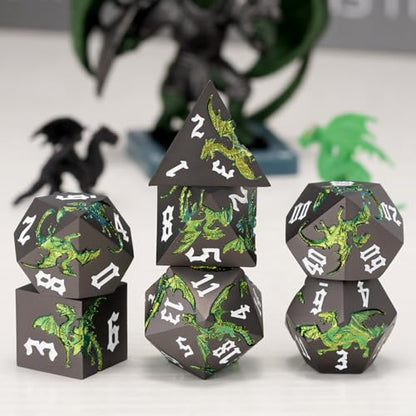 Dungeons and Dragons Dice DND Metallic Dragon Dice Set Sharp Edged Dice Set with Box, Polyhedral D&D Role Playing Game D&D Dice Set D20 D12 D10 D8 D6 D4 - color: Dragon-pearl Gun Sparkling Green