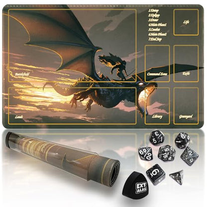 MTG Playmat with Storage Tube & 7-Dice Set - Waterproof TCG Playmat with Stitched Edges, Non-Slip Rubber Card Game Mat (24"x14") (playmat with Zones, 2-Dragon) - color: 2-dragon, style: playmat with zones