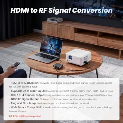 [Upgrade]kurtmark HDMI to RF Modulator with 1.2M HDMI Cable & Power Adapter | Plug and Play Coax RF Converter for TV, 1080P PLL Control NTSC Output CH3/CH4 RF Converter for Antenna TVs and Game Consoles