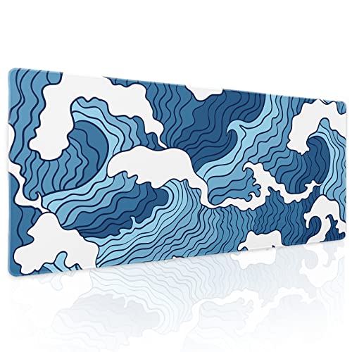 Japanese Blue and White Wave Gaming Mouse Pad XL Anime Sea Texture Extended Large Desk Mat Big Mousepad Non-Slip Rubber Base Stitched Edge Long Desk Pad for Desktop PC Computer Gamer,31.5×11.8 Inch - color: Blue Wave, size: 31.5 x 11.8 inches