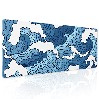 Japanese Blue and White Wave Gaming Mouse Pad XL Anime Sea Texture Extended Large Desk Mat Big Mousepad Non-Slip Rubber Base Stitched Edge Long Desk Pad for Desktop PC Computer Gamer,31.5×11.8 Inch - color: Blue Wave, size: 31.5 x 11.8 inches