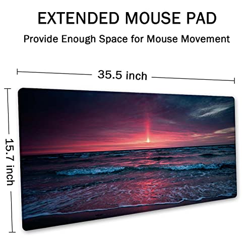 SSOIU Desk Mat, Extended Gaming Mouse Pad (35.5x15.7 in), Large Non-Slip Rubber Base Mousepad with Stitched Edges, Waterproof Keyboard Mouse Mat Desk Pad for Work, Office, Home - Sunset Over The sea - color: Sunset Over the Sea
