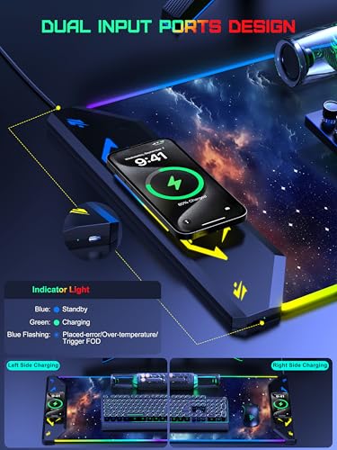 TopMade Wireless Charging Mouse Pad, RGB Gaming Mousepad, 35.4" x 15.8" Extra Large Waterproof Keyboard Desk Pad, Computer Desk Mat, Blue Nebula (Includes 20W PD Power Adapter & 6.56ft Woven Cable) - color: RGB Blue Nebula-35.4"x15.8"-with Adapter