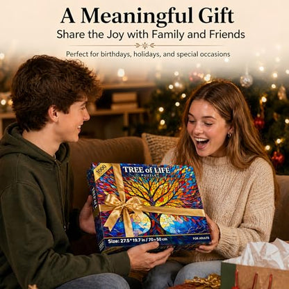 Amzgo® 1000 Pieces Stained Glass Jigsaw Puzzle, Beautiful Tree of Life Art Puzzles for Adults, Unique Fun Impossible Hard Difficult Challenging Pretty Puzzles, Colorful Mosaic Nature Puzzle
