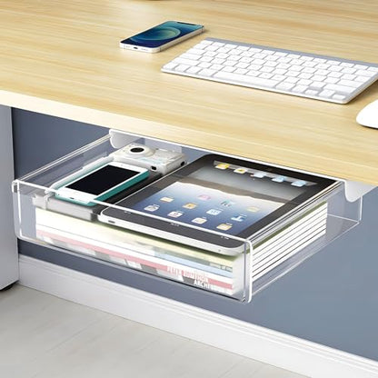 SVNNELP Large Under Desk Table Drawer Storage Organizer A4,Desk Accessories & Workspace Organizers,Hidden Self-Adhesive Under Table Pencil Tray Drawer for Office(Clear White)