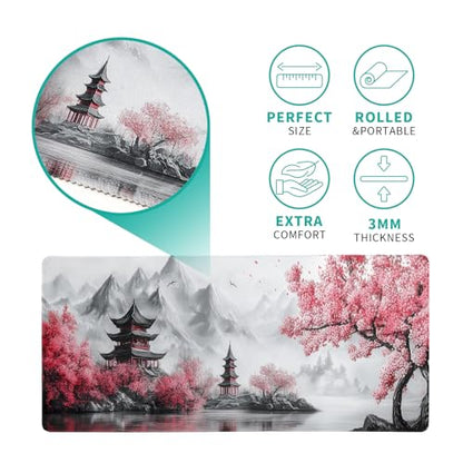 Retro Cherry Blossoms Mouse Pad 31.5x11.8 Inch White Full Desk Japanese Mousepad Extended Large Non-Slip Rubber Base Waterproof Big Keyboard Mat with Stitched Edges for Gaming and Office - color: Retro Cherry Blossoms