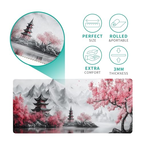 Retro Cherry Blossoms Mouse Pad 31.5x11.8 Inch White Full Desk Japanese Mousepad Extended Large Non-Slip Rubber Base Waterproof Big Keyboard Mat with Stitched Edges for Gaming and Office - color: Retro Cherry Blossoms