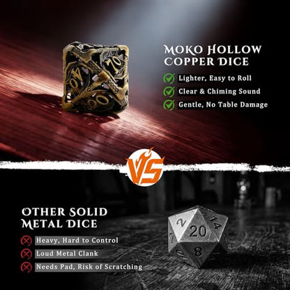 MoKo Dragon Hollow Metal DND Dice Set, Bronze | 7 Pcs Polyhedral, D20 D12 D10 D8 D6 D4, For Dungeons and Dragons RPG Games, With Gift Box - color: 4 - Bronze
