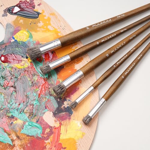 Professional Oil Paint Brushes, Fuumuui 5Pcs Natural Badger Bristle Blending Brush Set for Acrylic, Oil and Gouache - Round Flat Top Shape with Birch Handle - style: Round Flat Top