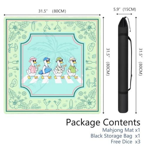 Summer Green Mahjong Mat for Table, 31.5 * 31.5in Anti Slip Mahjong Table Cover, Noise Reduction, Neoprene Mah jongg Mat with Carrying Bag & 3 Dices, Hawaiian Tropical Poker Board Tile Games Mats - color: Ducks