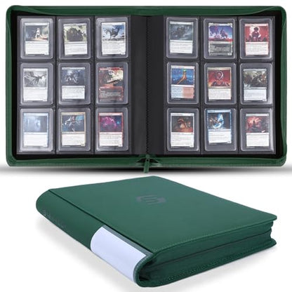 Snekdy Top loader Binder, 9 Pockets Top Loader，Holds 360 Top Loaders cards, Card binder with Sleeves for card in 3 x 4 inch color smooth Zipper PU Leather (Green) - color: Green