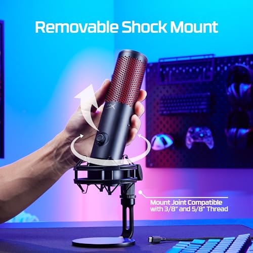 HyperX QuadCast 2 – USB Microphone for Gaming, Streaming and Podcasting, with On-Board Controls, LED Lighting, Removable Shock Mount, PC, Mac, PS5, PS4, USB-C - Black (Renewed)